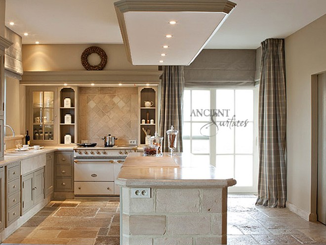 Antique Kronos French Limestone on a kitchen fkoor