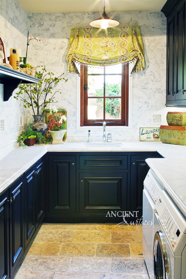 Antique Limestone Floor installed in a laundry room in Newport Beach California by Ancient Surfaces.
