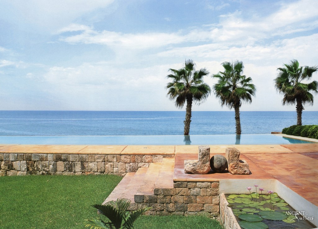 Detail of earthy-hued limestone pool coping, capturing the rich texture and historical essence.
Ancient surfaces 
